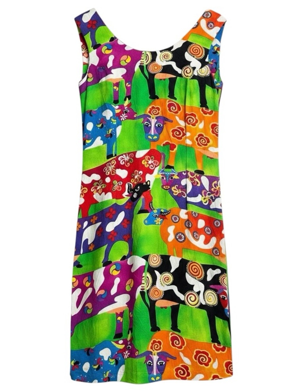 Vintage Jams World Cow Print Mini Dress Colorful Hawaiian Art USA Made Size 9